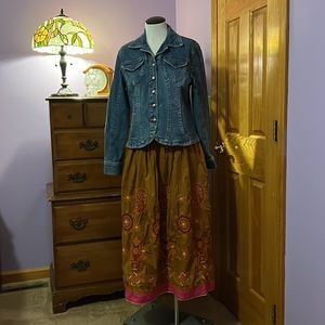 WD NY 🌟 Full embroidered bird skirt, pleated, lined, peasant folklore, cotton